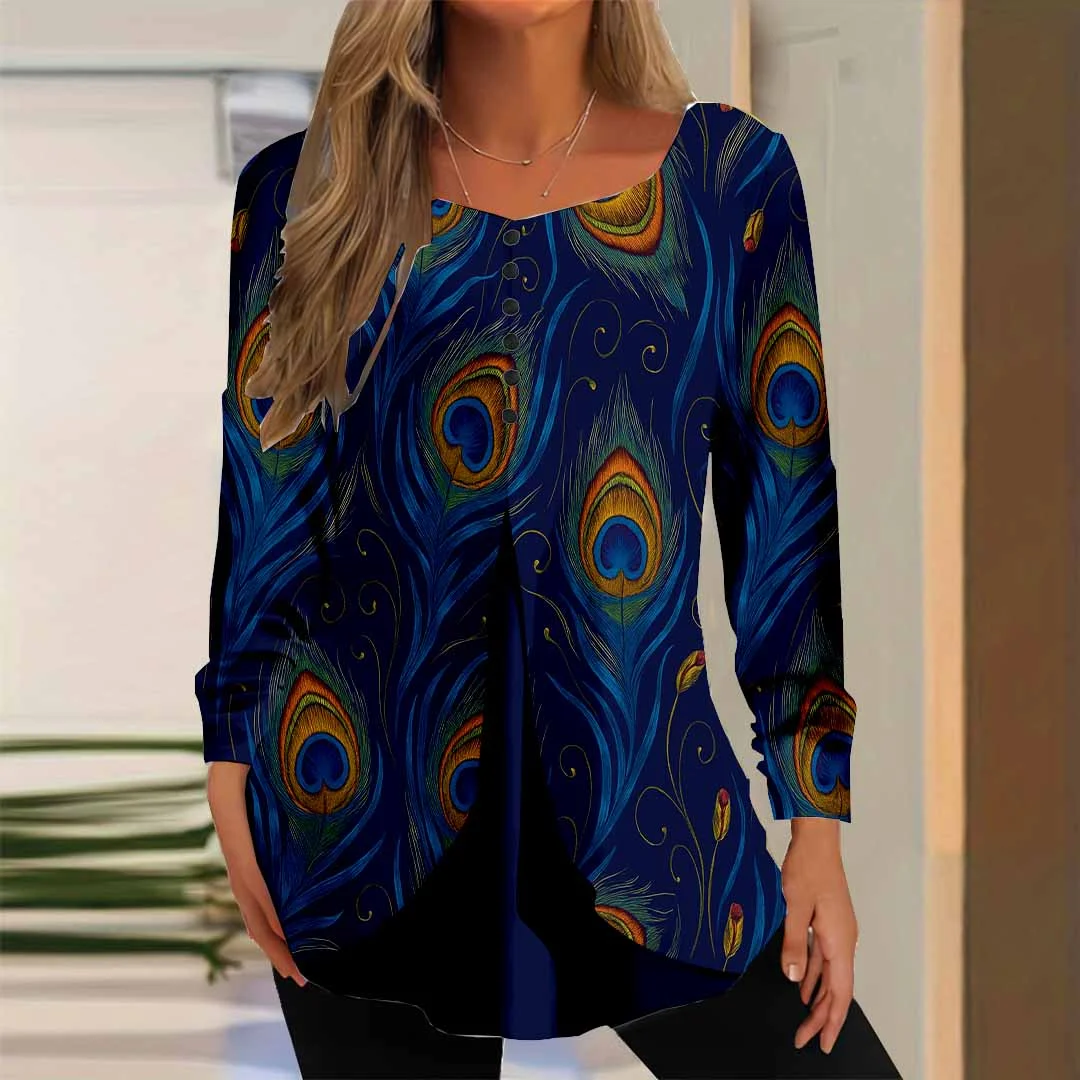 Women Graphic,Blue DZGG8200 Long Sleeve Scoop Neck Printed Graphic Button Fake 2in1 Tops
