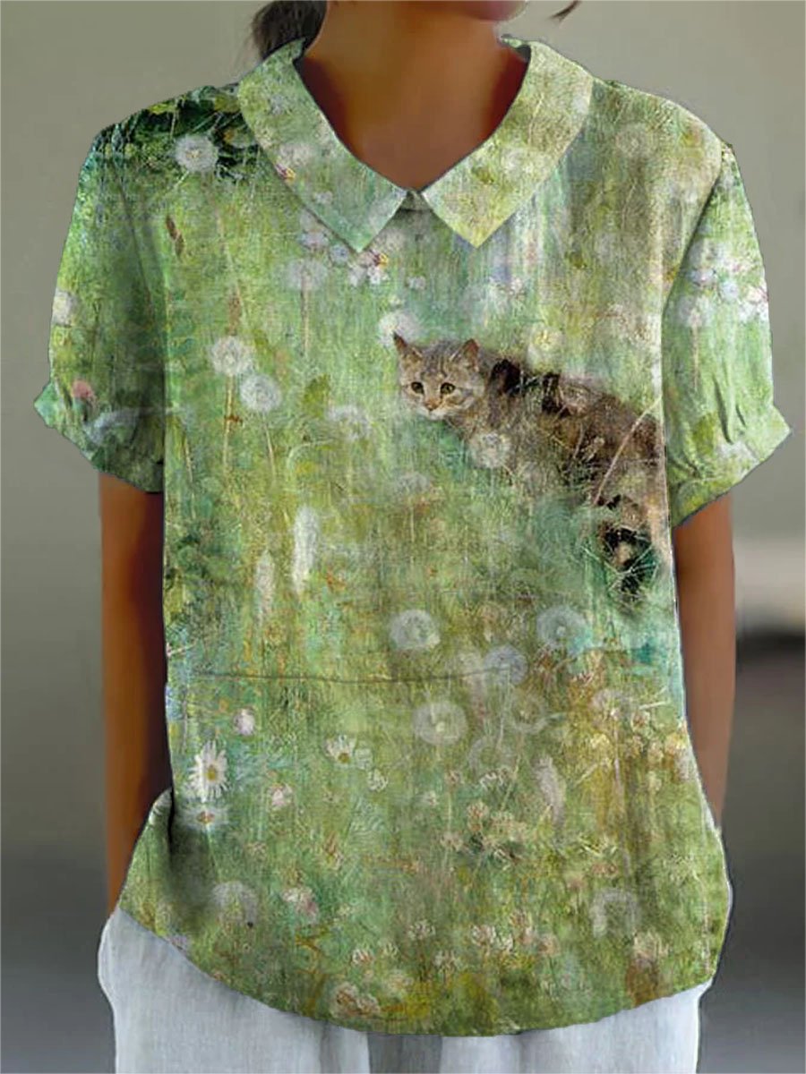Women's Vintage Cute Cat Floral Art Print Casual Cotton And Linen Shirt