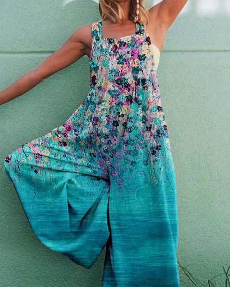 Open Back Loose Sleeveless Printed Jumpsuit