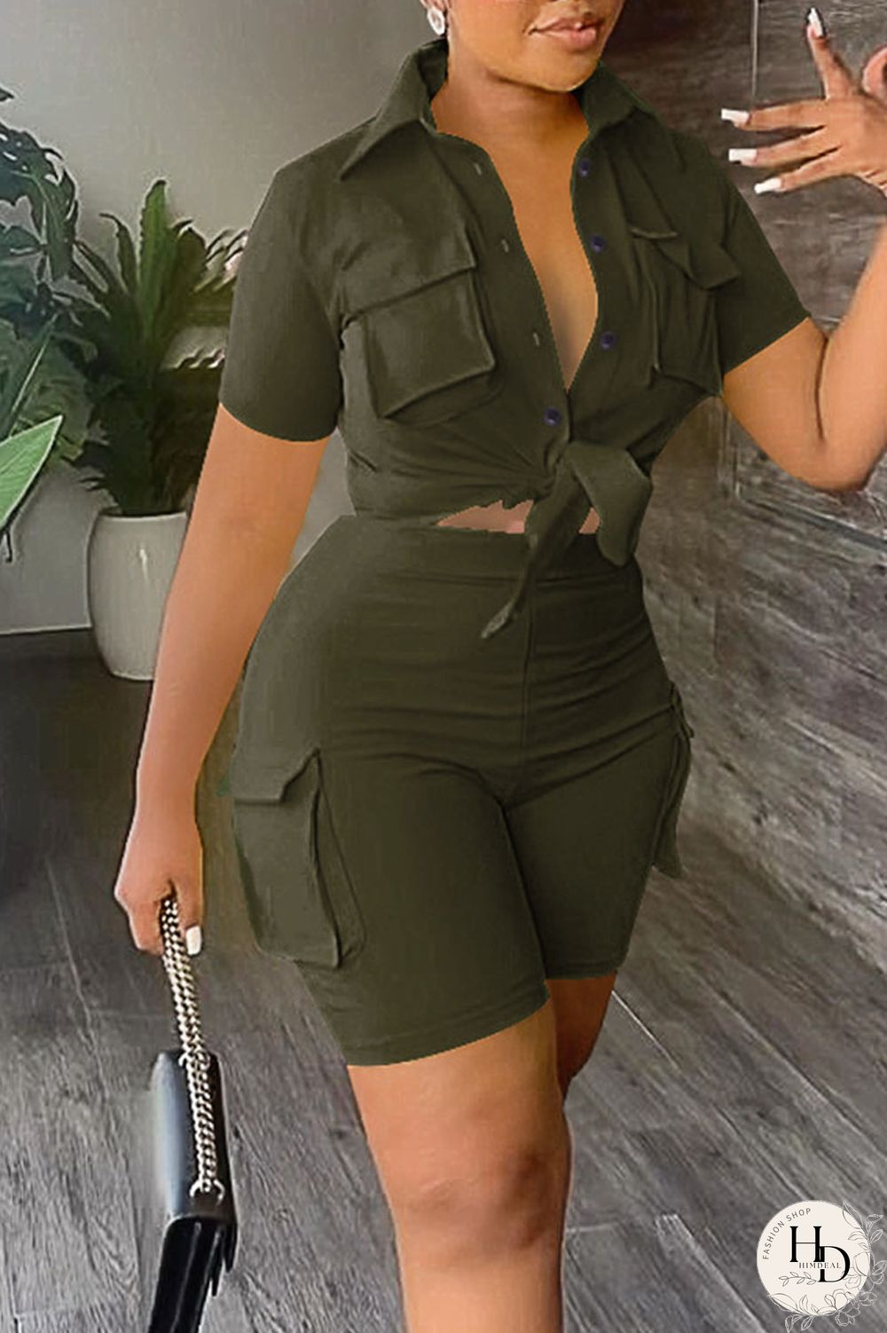 Khaki Casual Solid Bandage Patchwork Pocket Buckle Turndown Collar Short Sleeve Two Pieces