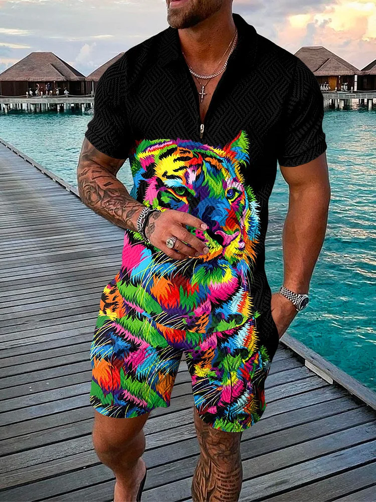 Men's Tiger Printed Zip Polo Shirt and Shorts Two-Piece Suits