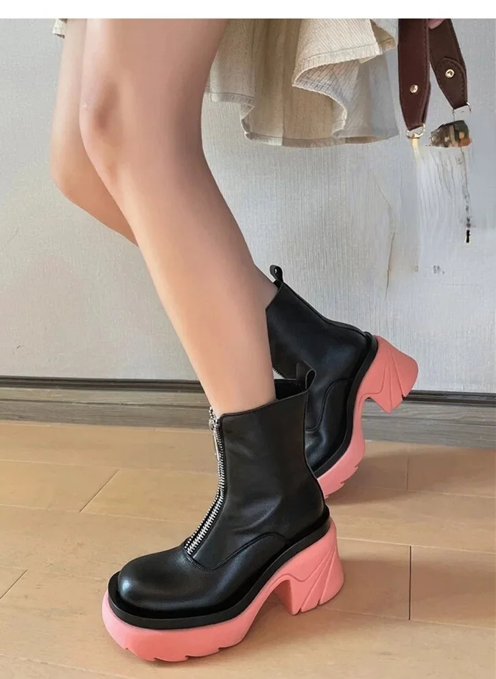 2021 New Women Modern Boots Autumn Winter High Quality Platform Cozy Warm Ankle Boots Round Toe Zip Mid Heel Casual Shoes Pumps