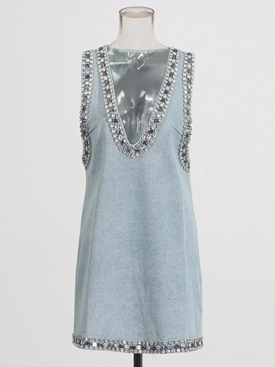 Brownm Fashion Heavy Industry Design Dress Women 2025 Summer New V Collar Drill Splicing High-End Sense Slings Denim Skirt