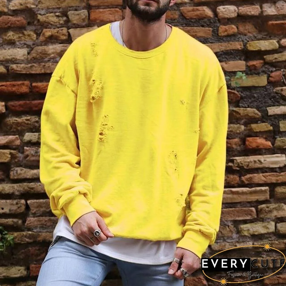 Men Fashion Hole Decorate Casual Loose Hoodies Pure Color Long Sleeve O Neck Sweatshirts Streetwear Tracksuits