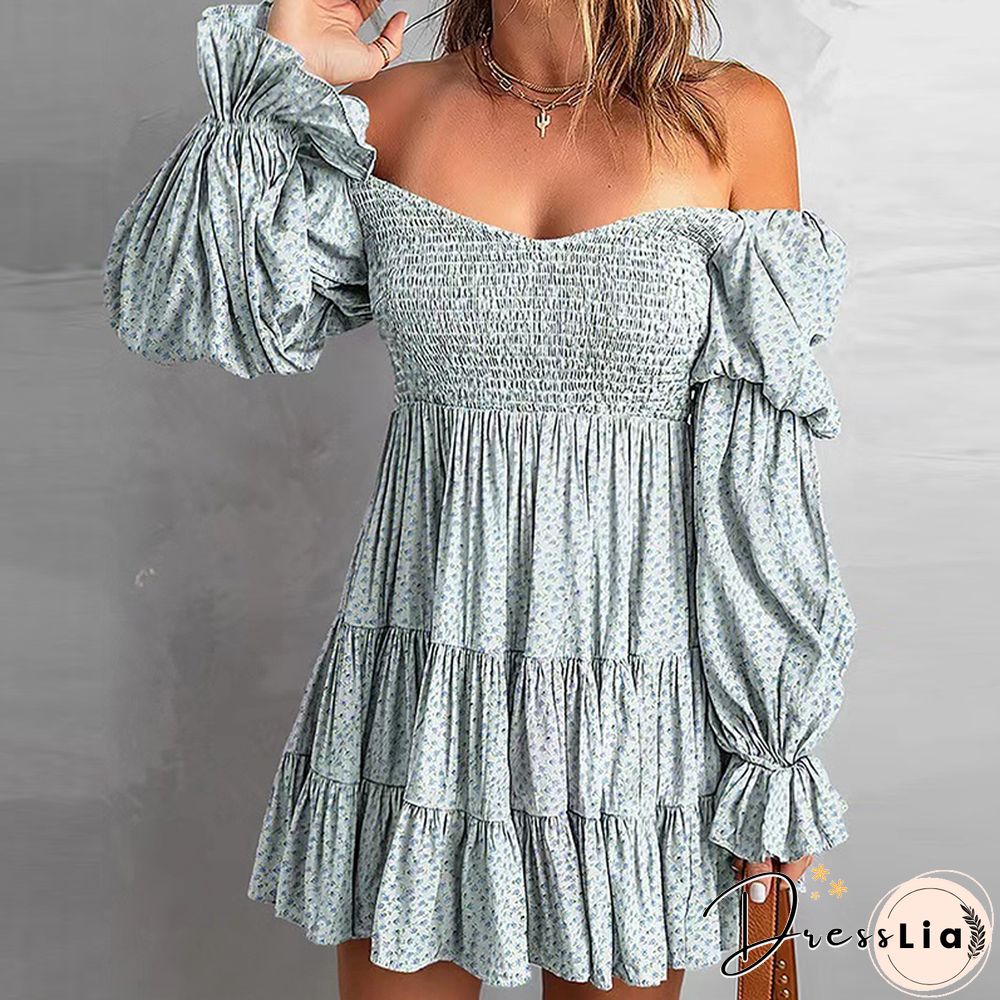 Autumn Sexy Ladies Strapless Folds Mini Dress Fashion Sweet Puff Sleeve Loose Print Dress Women Elegant Pleated Party Dress
