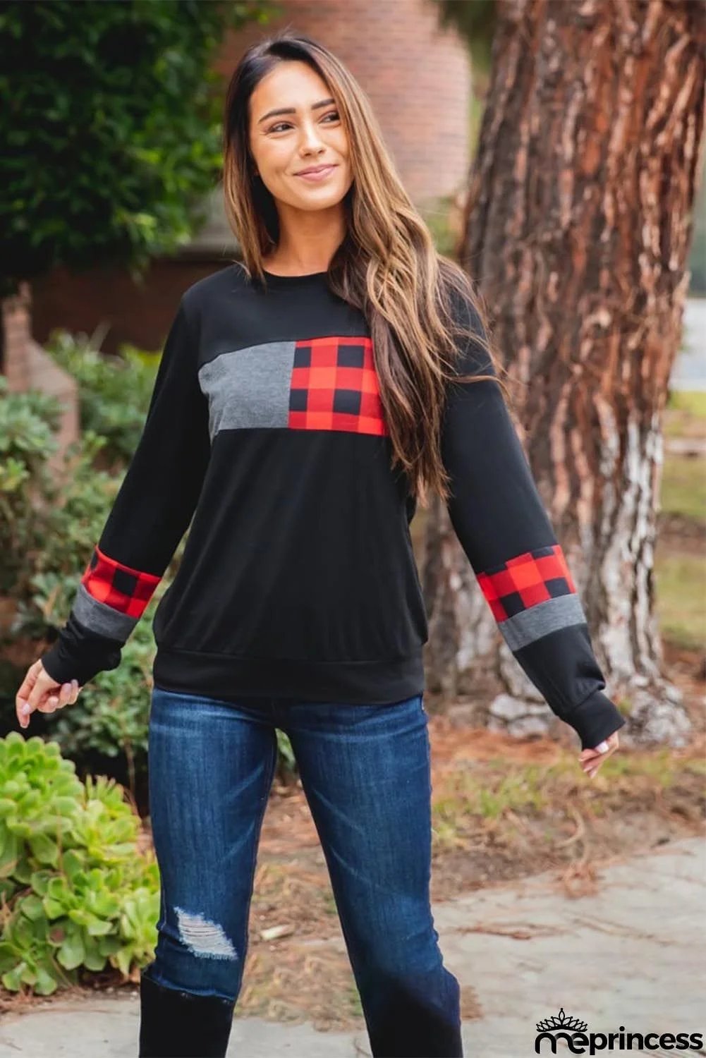 Plaid Splicing Color Block Long Sleeve Top