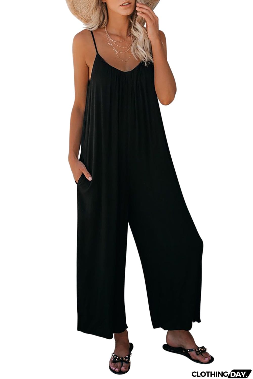 Spaghetti Straps Wide Leg Pocketed Jumpsuits