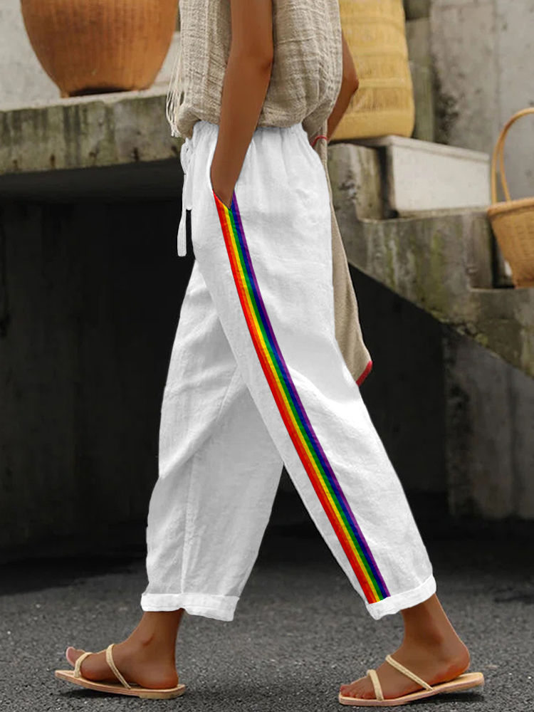 Comstylish Rainbow Stripe Linen Blend Casual Pants
