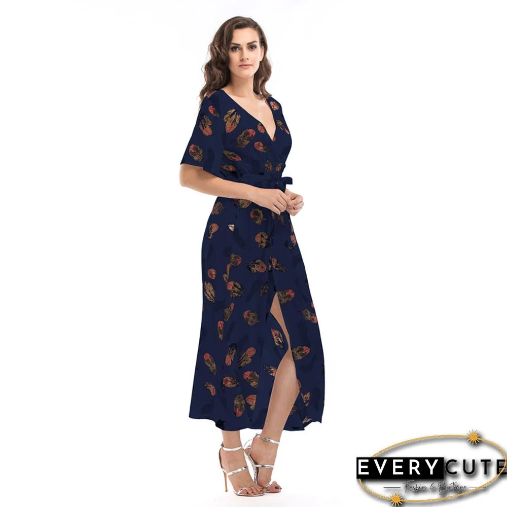 Khaki Short Sleeve Foral Chiffon Boho Dress