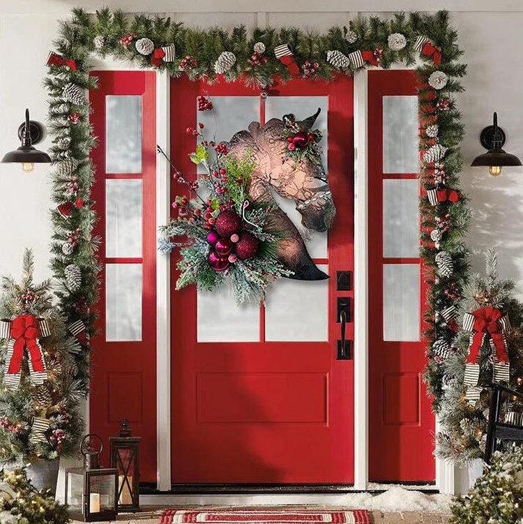 Wooden Horse Head Wreath Front Door Decor Welcome Porch Hanging Ornaments For Christmas