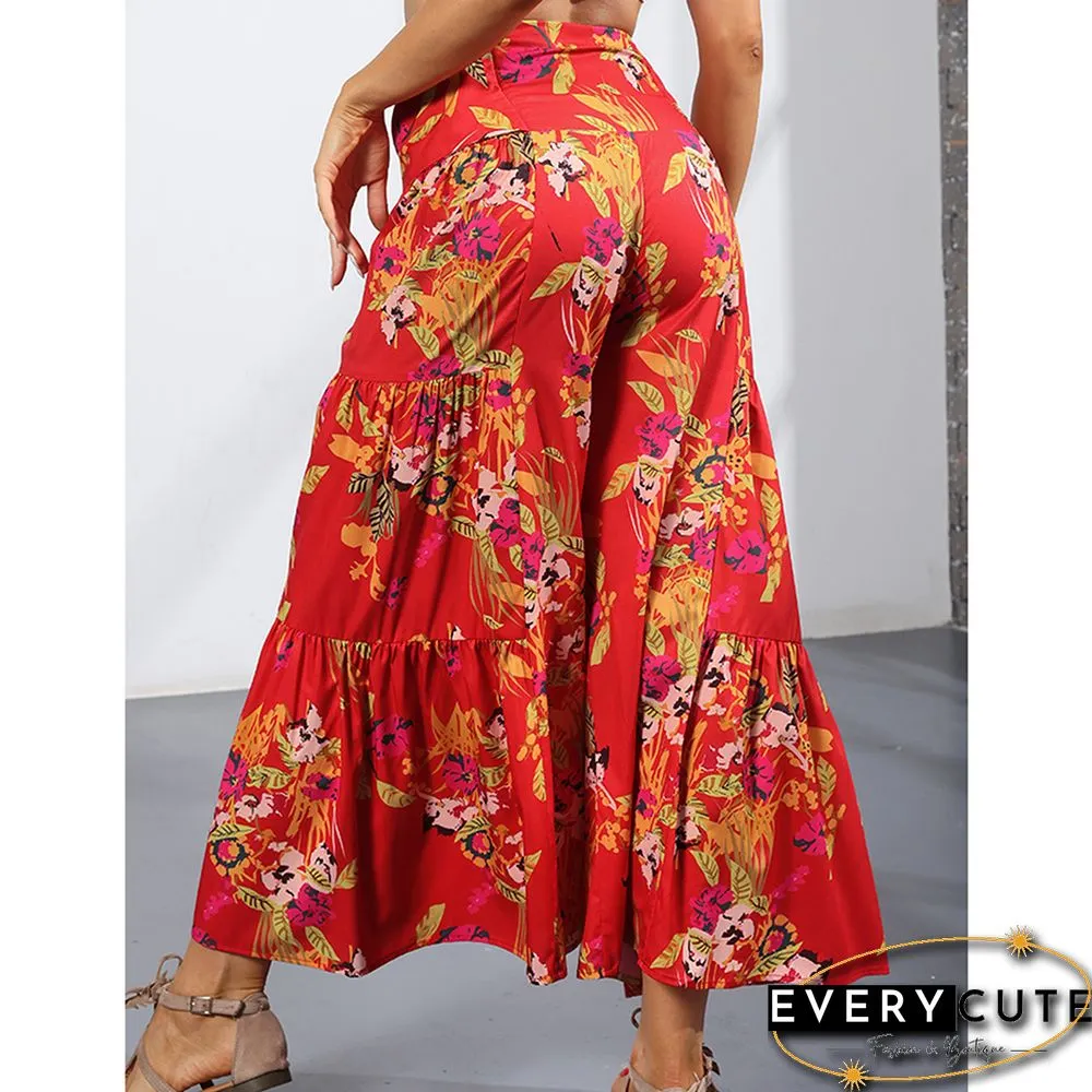 Red Digital Print Cropped Wide Leg Boho Pants with Tie