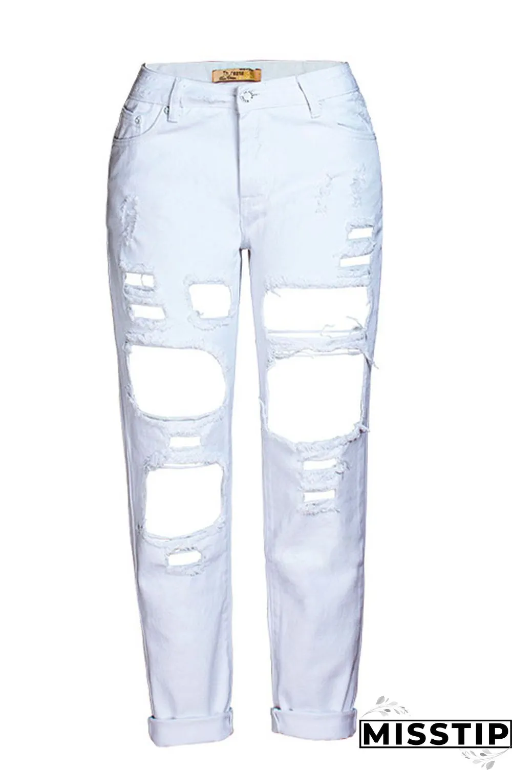 White Chic Broken Holes Denim Pants