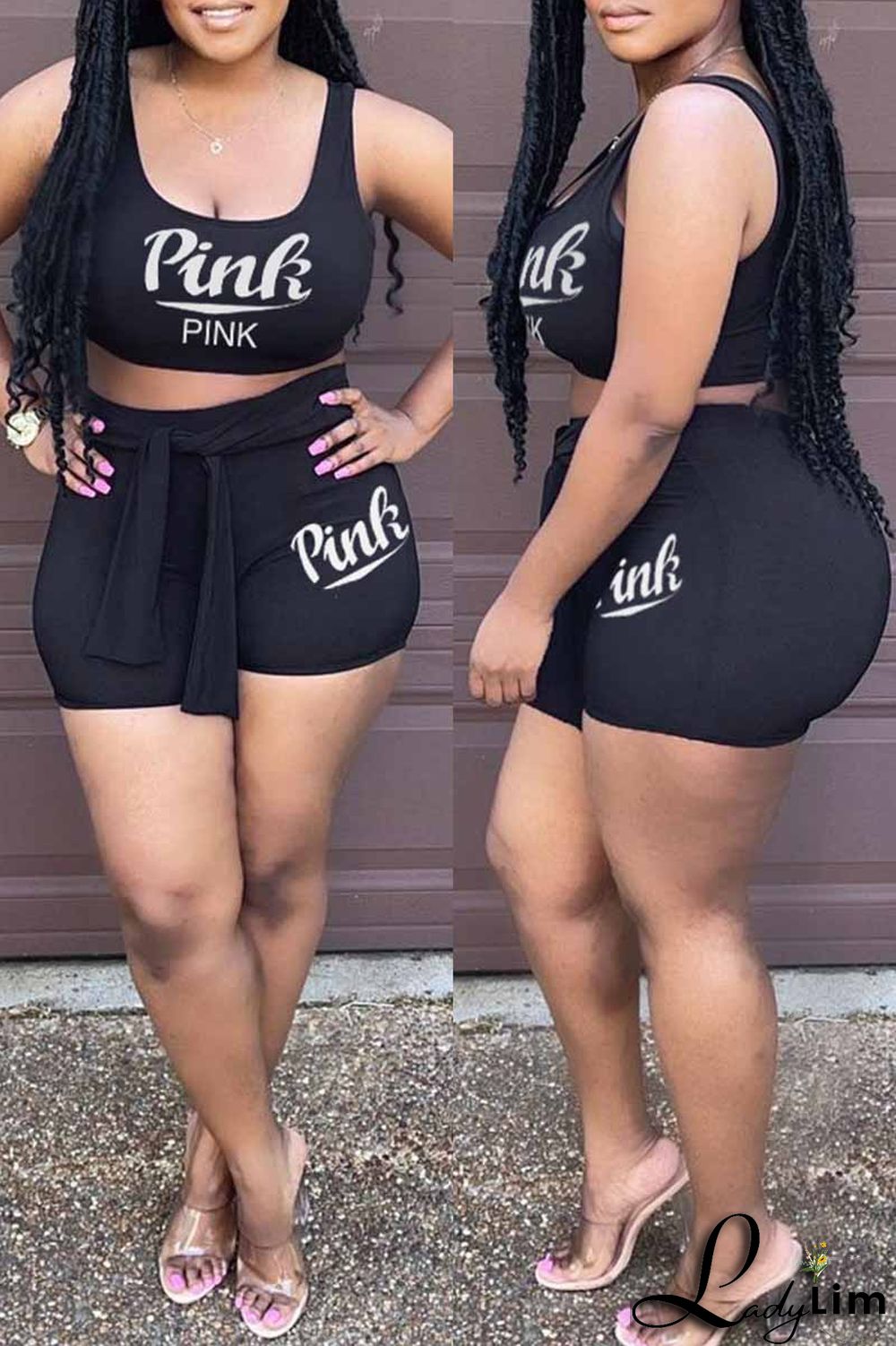 Light Purple Fashion Casual Letter Print Bandage U Neck Sleeveless Two Pieces