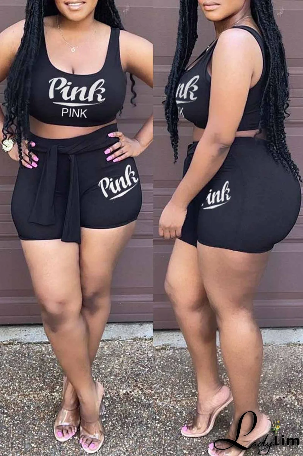 Light Purple Fashion Casual Letter Print Bandage U Neck Sleeveless Two Pieces