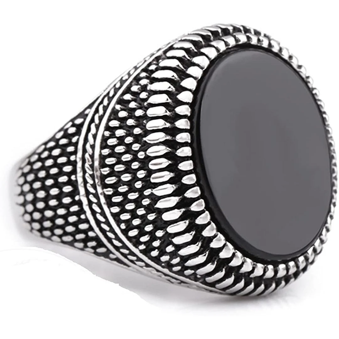 JAJAFOOK Vintage Men's Black Silver Stainless Steel Black Gem Round Signet Rings