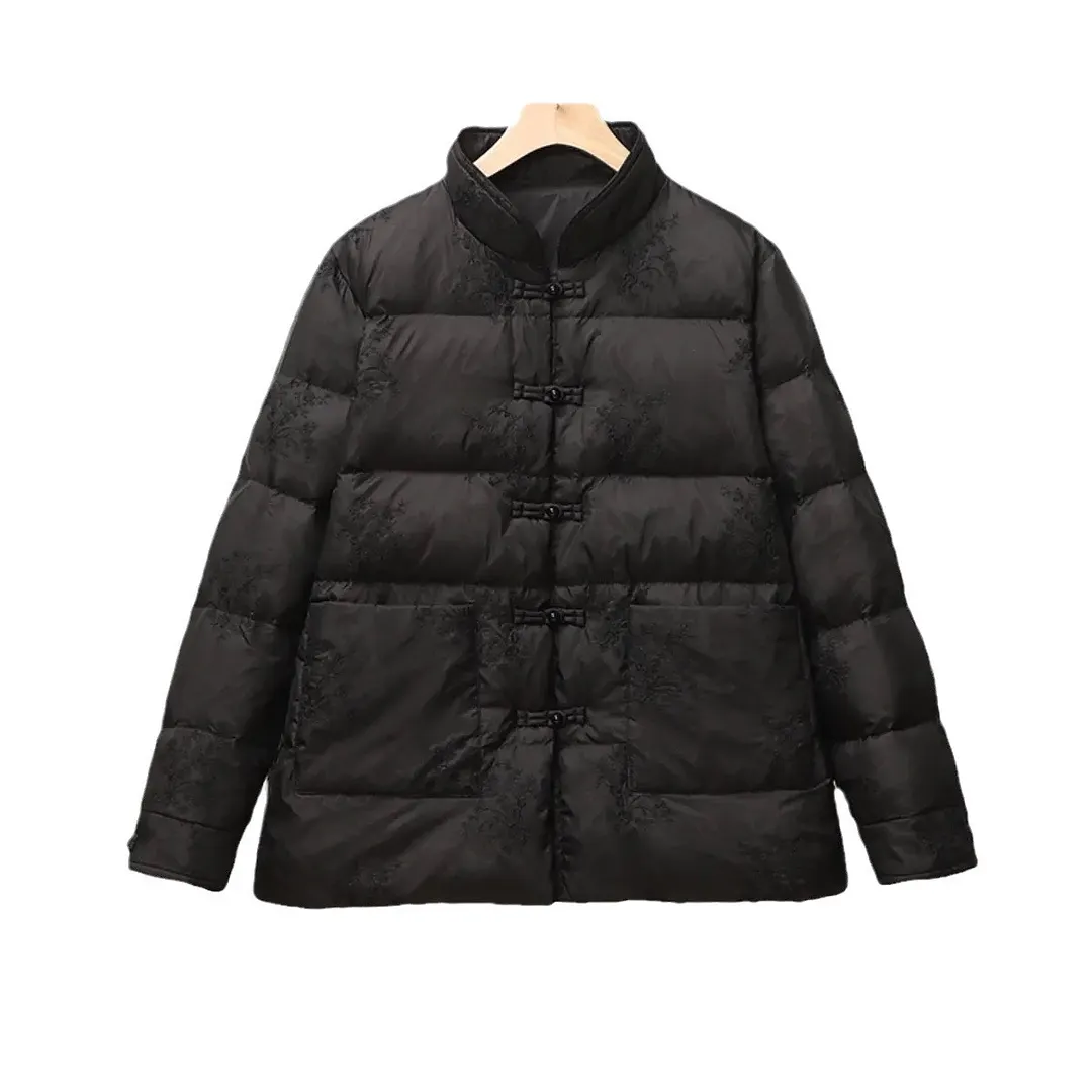 Uveng Autumn Winter New Retro Embroidery Embroidery Knit Down Jacket Female Short Money Light Standing Collar Chinese Dish Buckle Coat