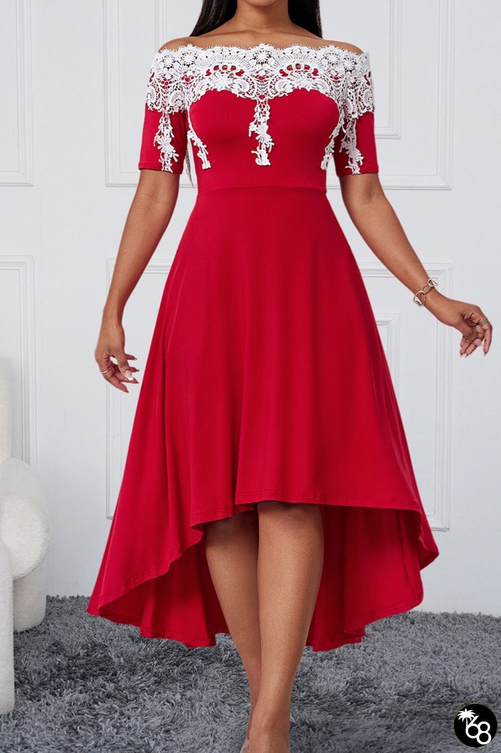 Casual Solid Patchwork Asymmetrical Off the Shoulder Short Sleeve Dresses | 168DEAL
