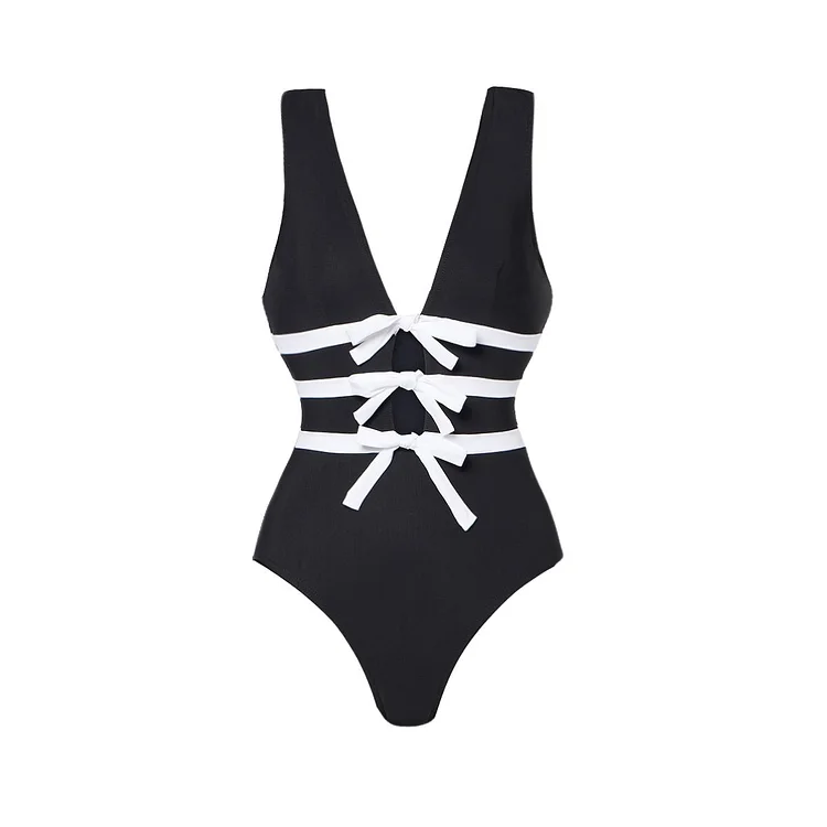 Bowknot Decor Black One Piece Swimsuit and Skirt