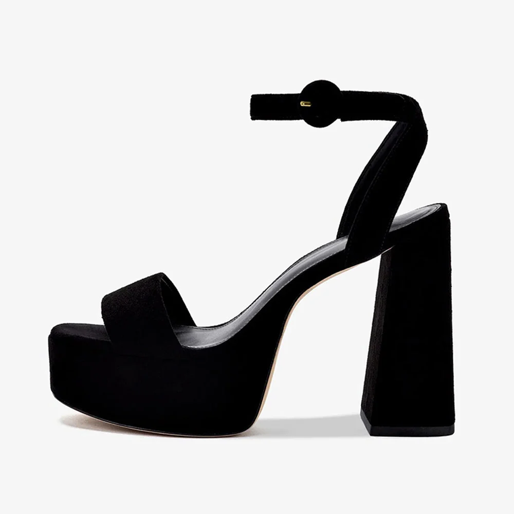 Black Vegan Suede Ankle Strap Women's Heel Sandals with Platform