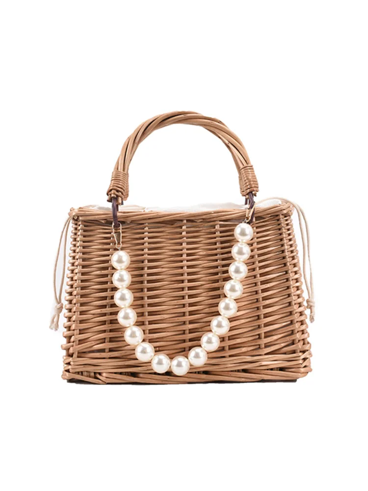 Vintage Women Rattan Woven Tote Bags Beach Pearl Mini Basket Handbag (C)