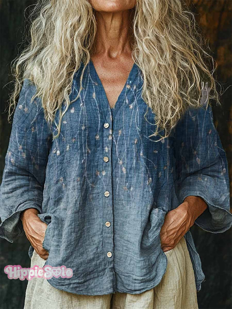 Women’s Boho Flowers And Plants Art Print Linen And Cotton V-Neck Casual Shirt Multicolor / S