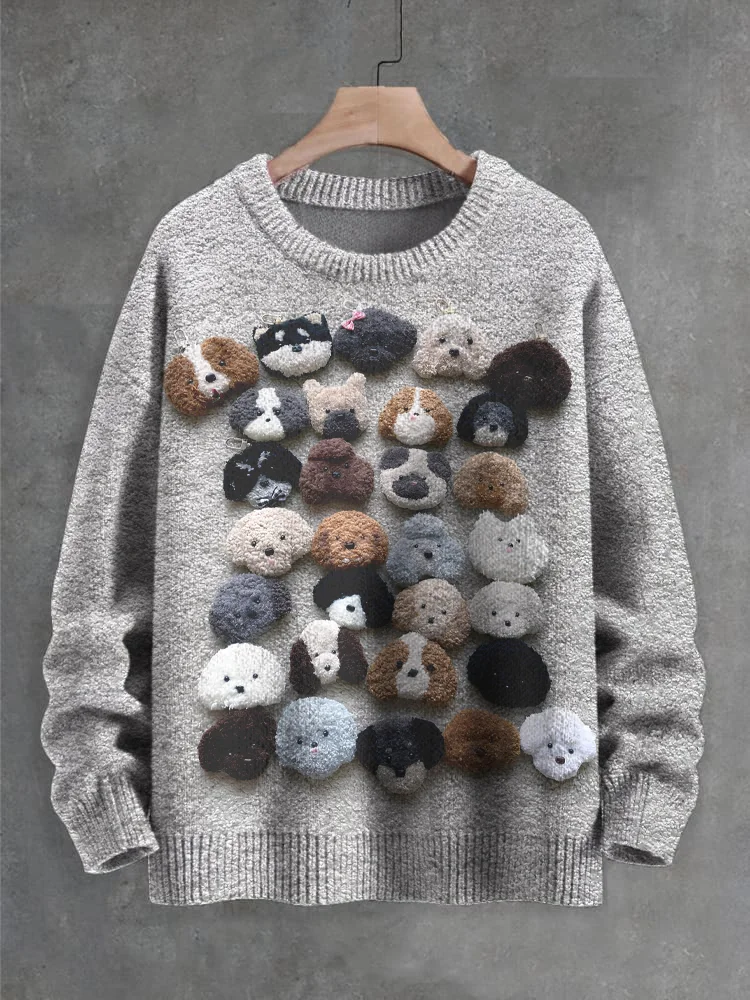 Men's Cute Wool Cartoon Dog Head Art Print Knit Sweatshirt