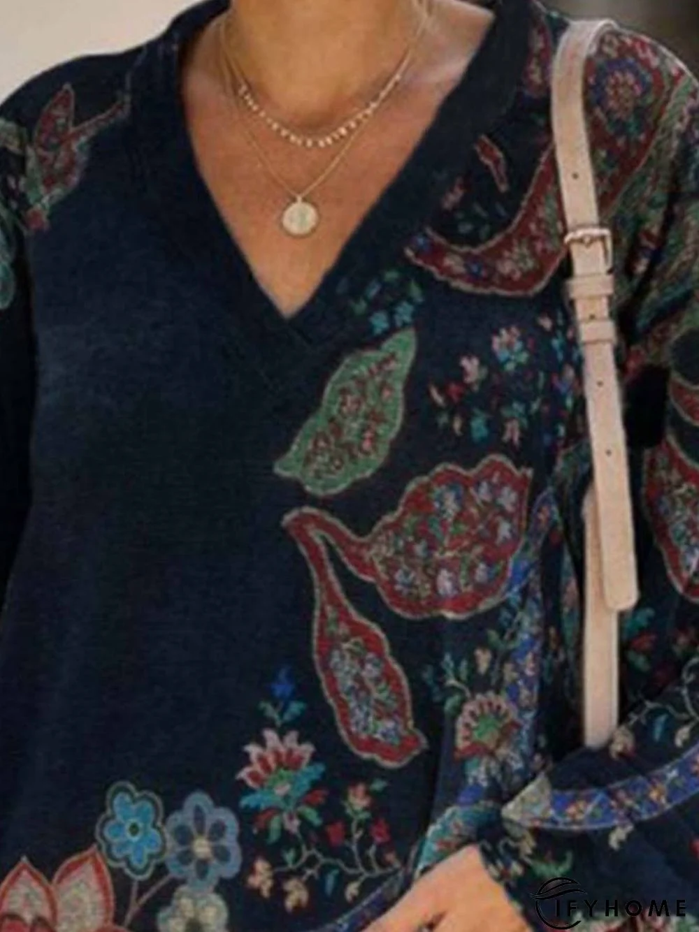 Casual Long Sleeve V Neck Printed Tunic Top | IFYHOME