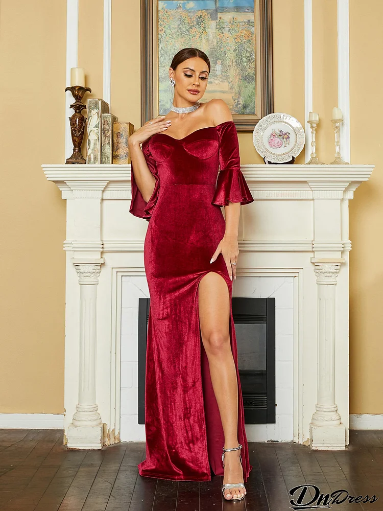 Off Shoulder Corset High Split Velvet Wine Evening Dress RM20607