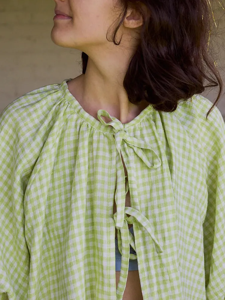 Vintage Plaid Tie-Up Blouse