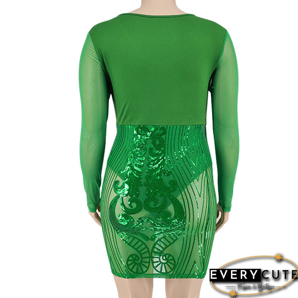 Green Spliced Embroidery Mesh Plus Size Dress