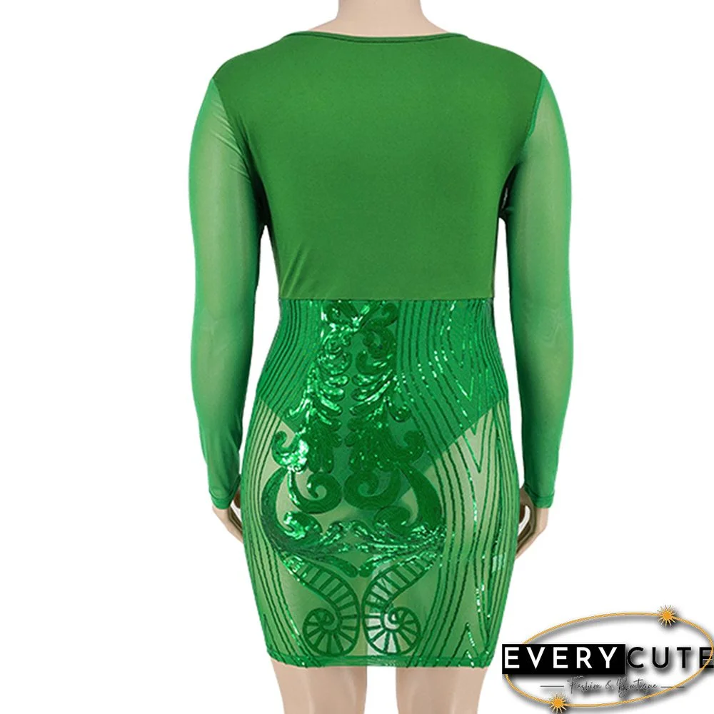 Green Spliced Embroidery Mesh Plus Size Dress