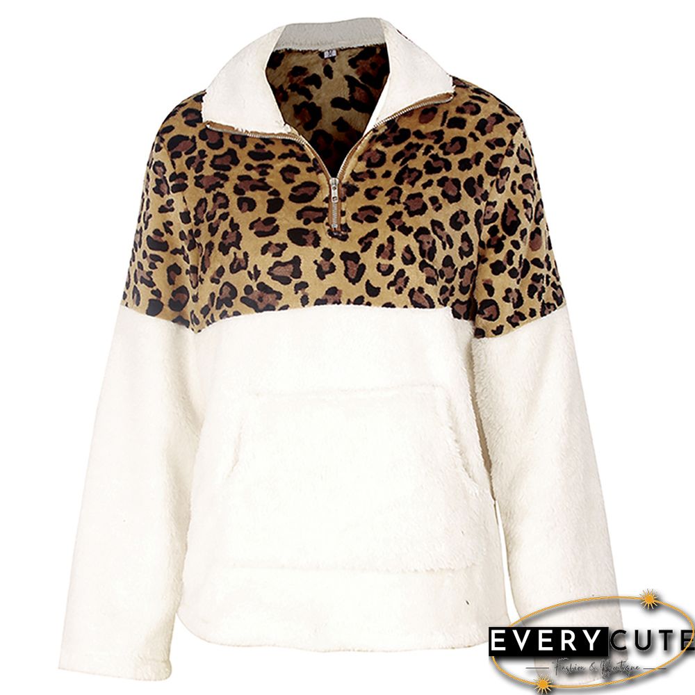 White Splice Leopard Zip Up Sweatshirt