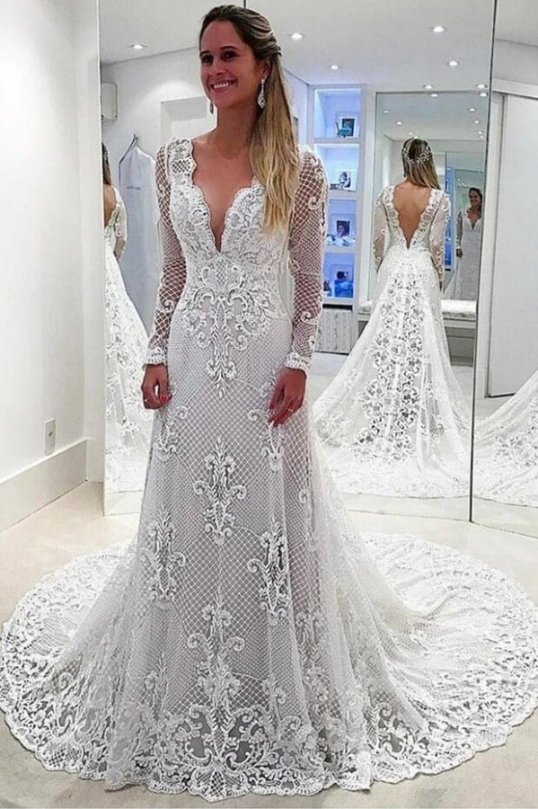 Gorgeous Deep V-neck Backless Long Sleeves A-Line Wedding Dress Pearl With Appliques Lace | Ballbellas Ballbellas