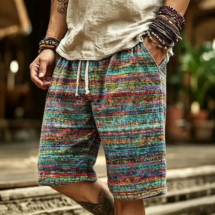 Men's Retro Geometric Art Print Linen Blend Casual Shorts
