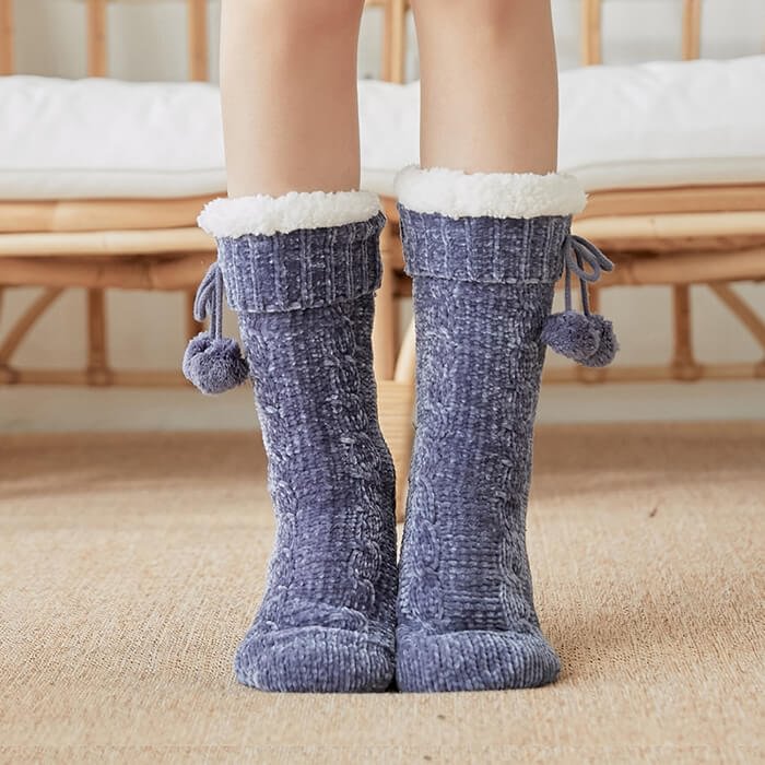 Fleece Lined Slipper Socks with Pompoms