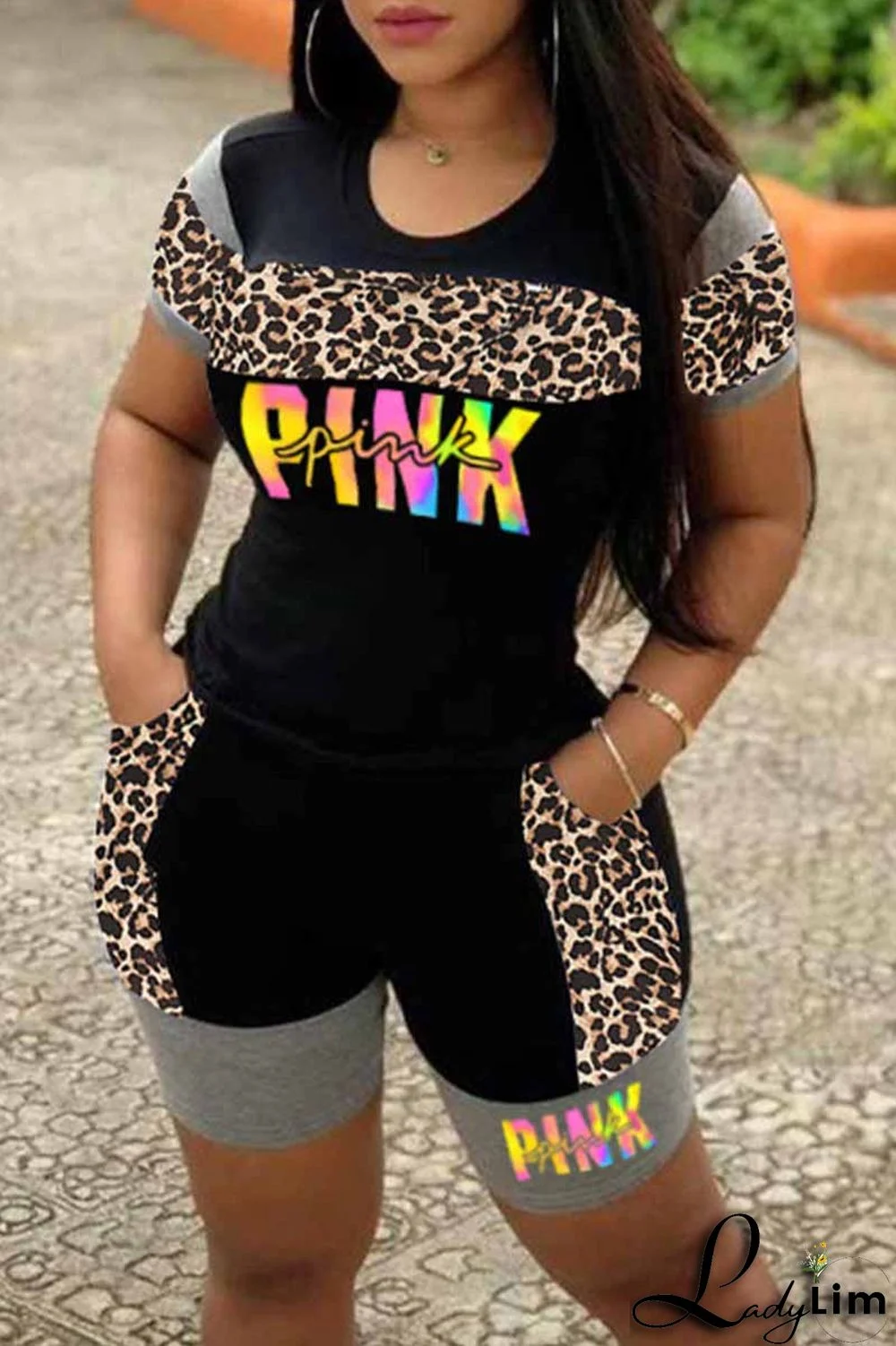 Yellow Casual Street Print Patchwork Letter O Neck Short Sleeve Two Pieces