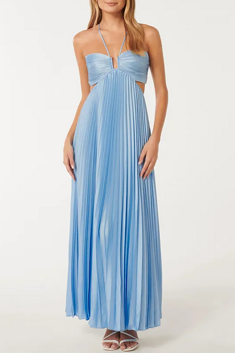Pleated Solid Color Backless Sleeveless A-Line Maxi Dresses-Blue