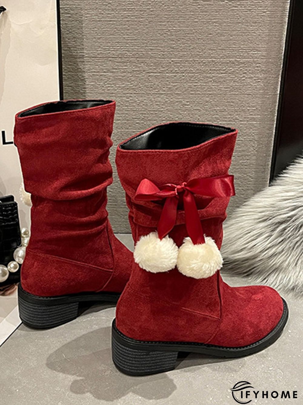 Christmas Pompom Decor Faux Suede Slouchy Boots | IFYHOME