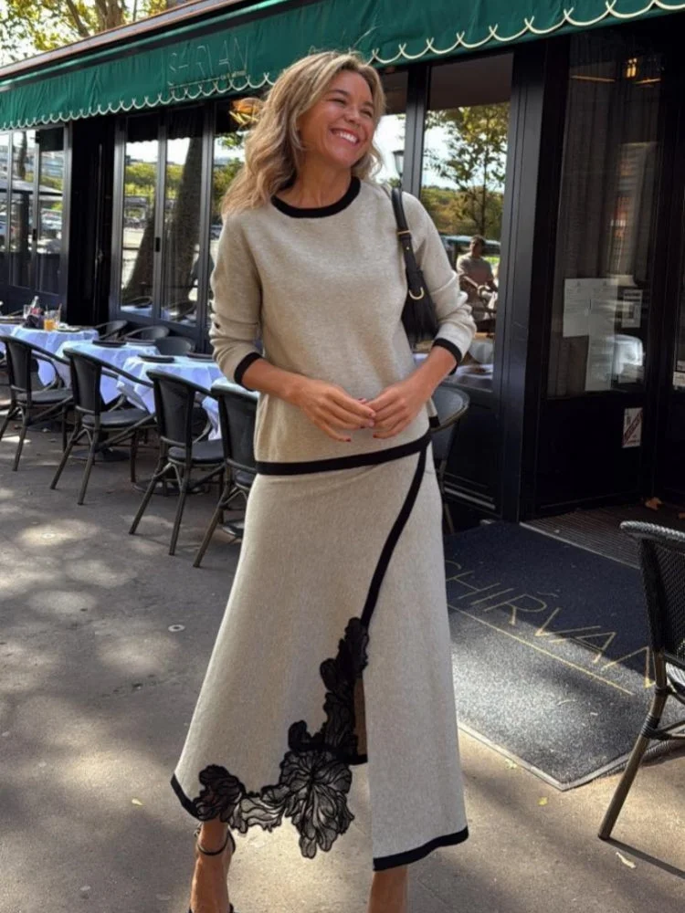 Floral Embroidery Contrast Midi Skirt Set