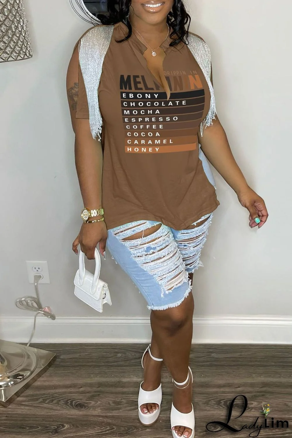 Rose Red Casual Letter Print Tassel Patchwork V Neck T-Shirts