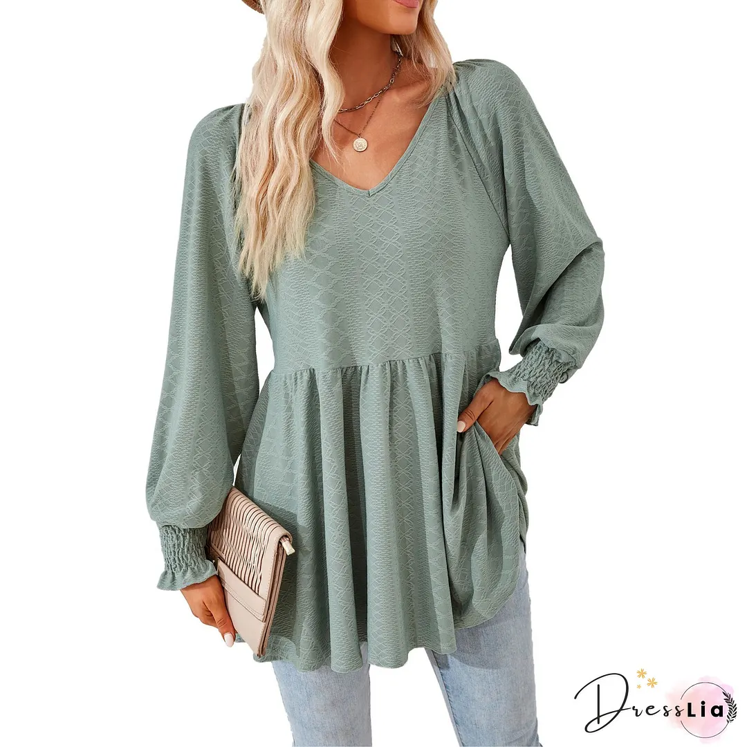 V Neck Polka Dots Long Sleeve Holiday Blouses