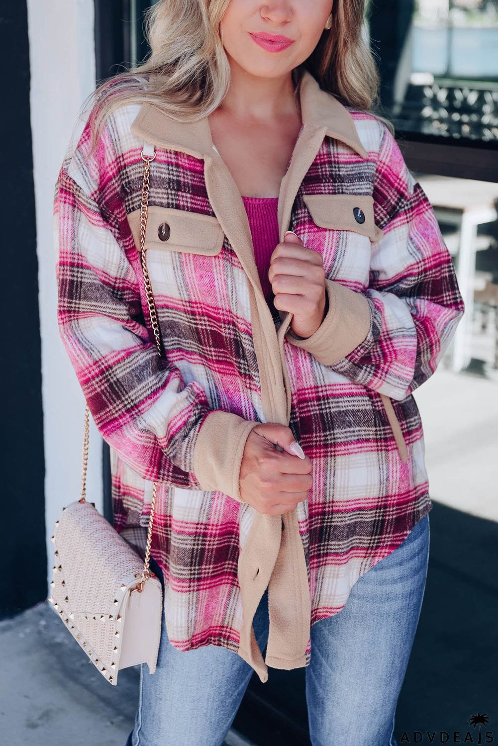Rose Buttoned Contrast Trim Plaid Shacket
