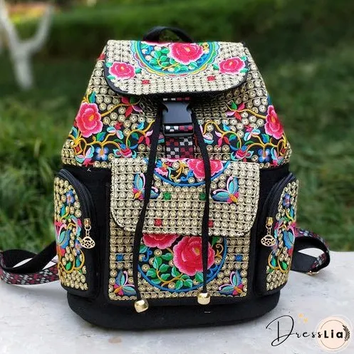 New Embroidery Bag Ethnic Style Bag Women's Large Capacity Canvas Backpack Travel Bag Fabric Art