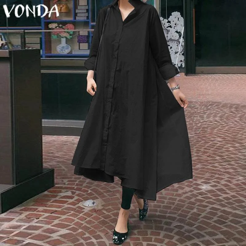 VONDA White Dress Women Sexy Turn-down Collar Asymmetrical Party Dress Office Ladies Sundress Casual Vestido  Robe