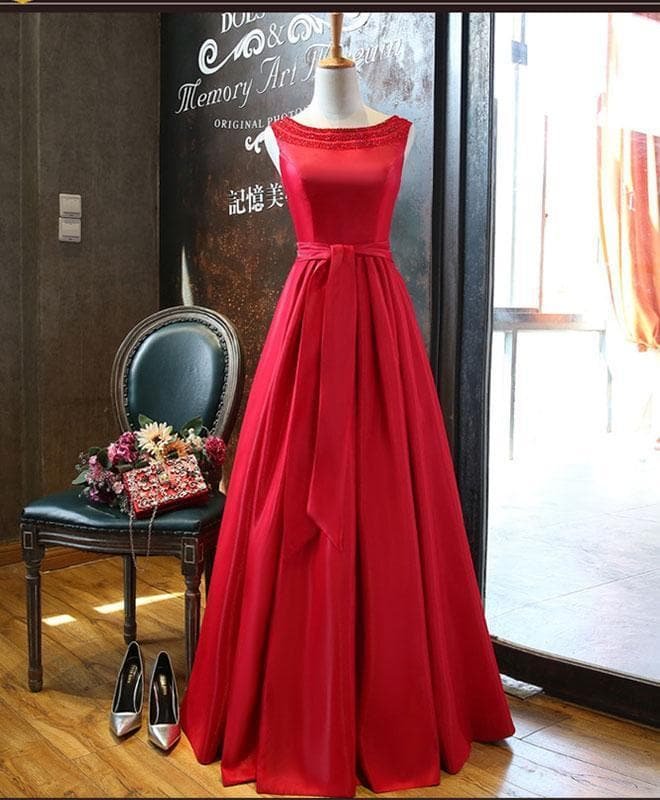 Red A Line Satin Beading Long Prom Dress, Red Evening Dress