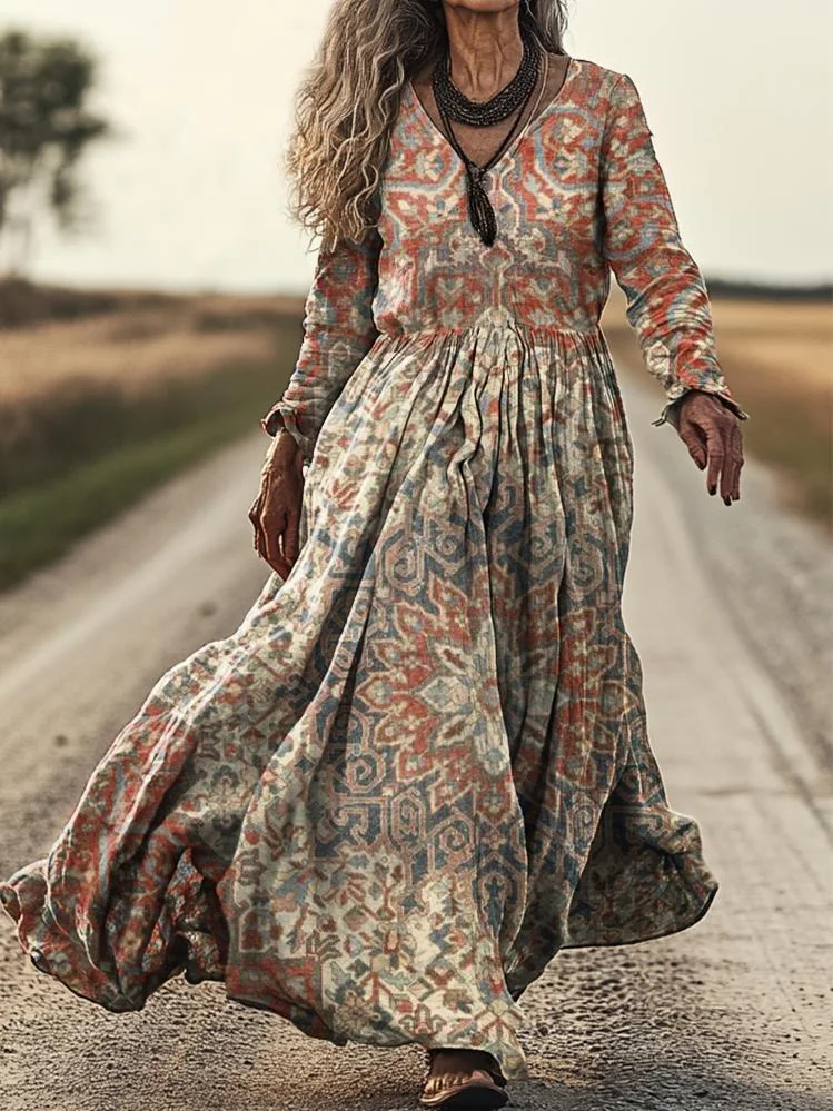 Women's Boho Ethnic Floral Art Pattern Print Pocket Cotton Dress