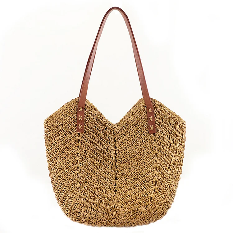 Hollow Beach Bag Paper Rope Hand-Woven Shoulder Bag Simple for Ladies (Coffee)