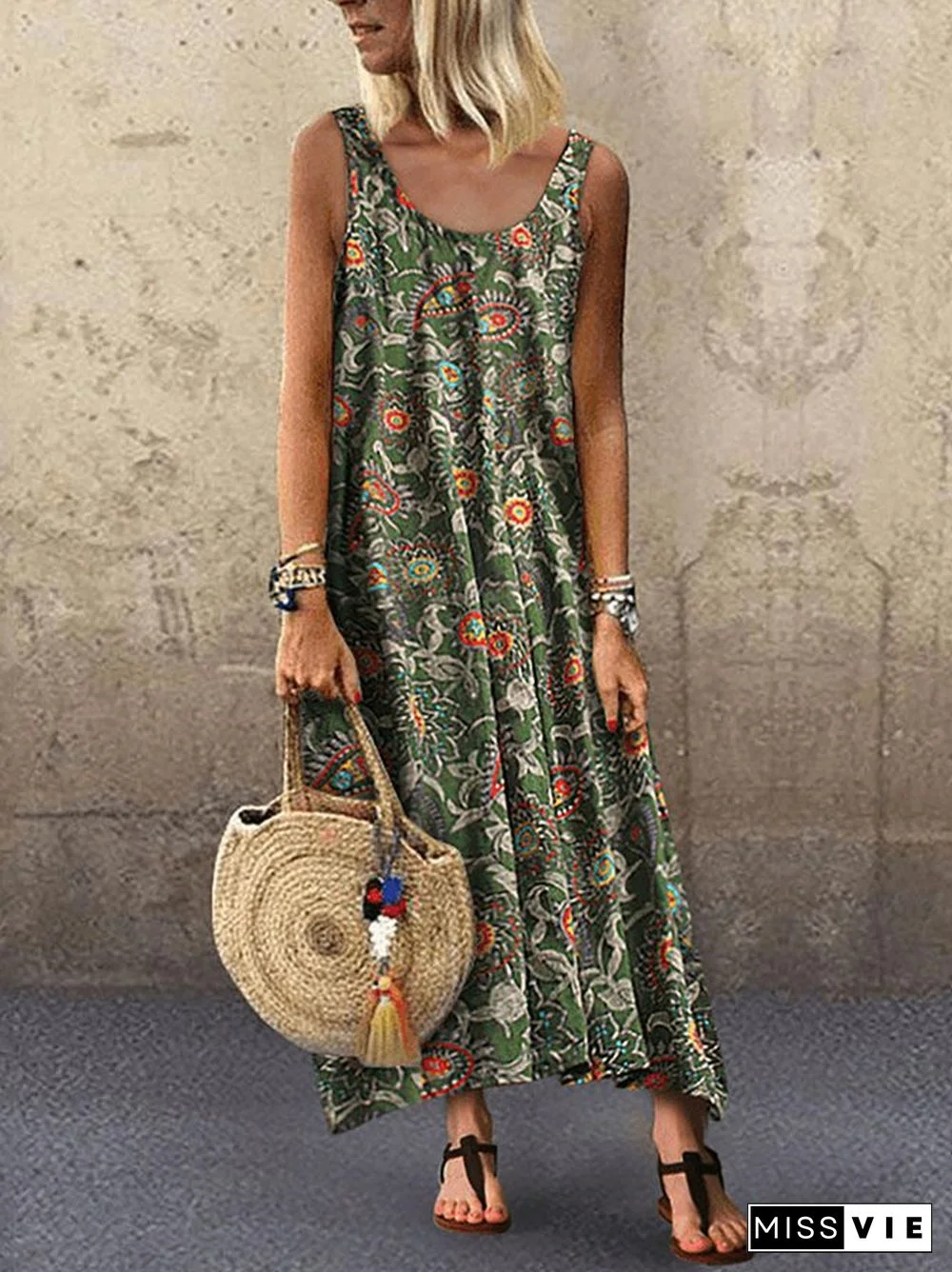 Floral Printed Hippie Sleeveless Maxi Vacation Dresses
