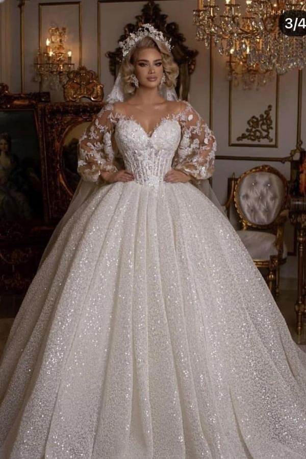 Bellasprom Beautiful Ball Gown Puffy Sleeves Wedding Dress With Appliques Long