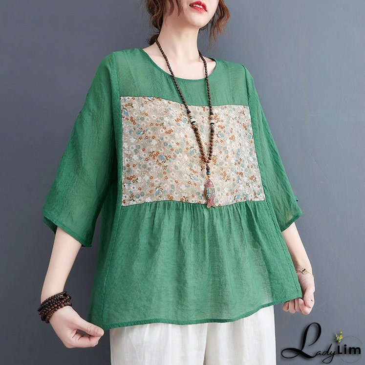Bohemian Green O-Neck Print Tops Half Sleeve